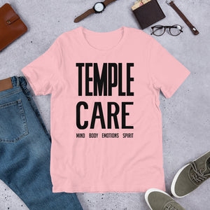 Multiple Color Options, Temple Care Short-Sleeve Unisex T-Shirt with All Black Letters