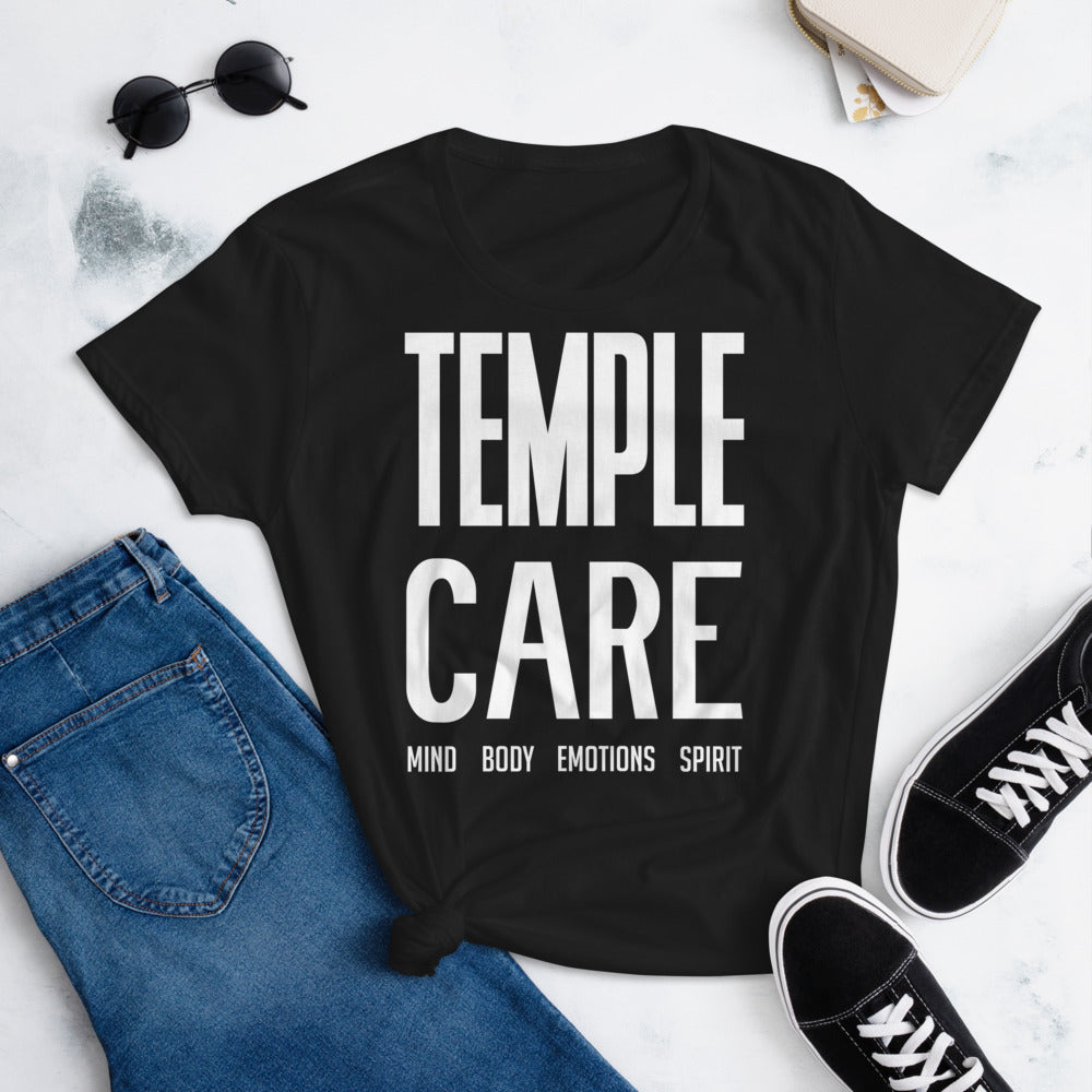 Multiple Color Options, Temple Care Women's short sleeve t-shirt with All White Letters