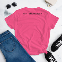 Load image into Gallery viewer, Multiple Color Options, Temple Care Women&#39;s short sleeve t-shirt with All Black Letters
