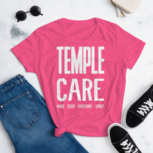 Load image into Gallery viewer, Multiple Color Options, Temple Care Women&#39;s short sleeve t-shirt with All White Letters
