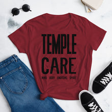 Load image into Gallery viewer, Multiple Color Options, Temple Care Women&#39;s short sleeve t-shirt with All Black Letters
