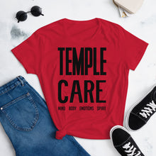 Load image into Gallery viewer, Multiple Color Options, Temple Care Women&#39;s short sleeve t-shirt with All Black Letters
