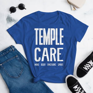 Multiple Color Options, Temple Care Women's short sleeve t-shirt with All White Letters
