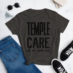 Multiple Color Options, Temple Care Women's short sleeve t-shirt with All Black Letters