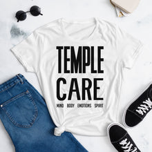 Load image into Gallery viewer, Multiple Color Options, Temple Care Women&#39;s short sleeve t-shirt with All Black Letters
