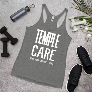 Multiple Color Options, Temple Care Women's Racerback Tank with All White Letters