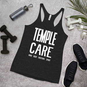 Multiple Color Options, Temple Care Women's Racerback Tank with All White Letters