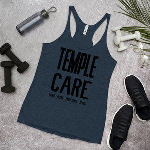 Multiple Color Options, Temple Care Women's Racerback Tank with All Black Letters