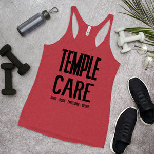 Multiple Color Options, Temple Care Women's Racerback Tank with All Black Letters
