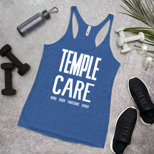 Multiple Color Options, Temple Care Women's Racerback Tank with All White Letters