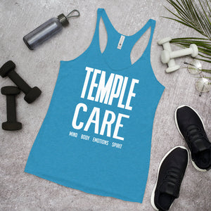 Multiple Color Options, Temple Care Women's Racerback Tank with All White Letters