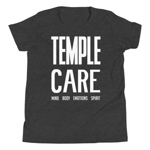 Multiple Color Options, Temple Care Youth Short Sleeve T-Shirt with All White Letters